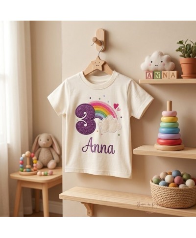 t-shirt anniversaire enfant personnalisé 3 ans avec prénom et arc-en-ciel violet foncé