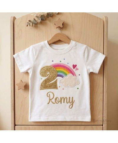 t-shirt anniversaire enfant 2 ans personnalisé prénom arc en ciel chiffre doré